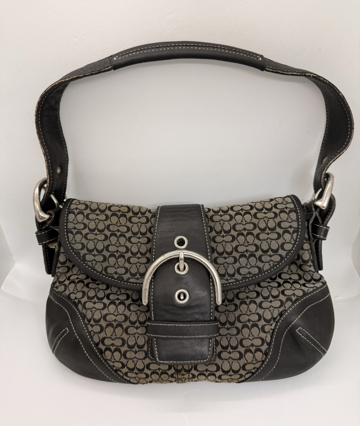 Coach Signature Logo Shoulder Bag Black/Gray Buckle Closure Silver Hardware