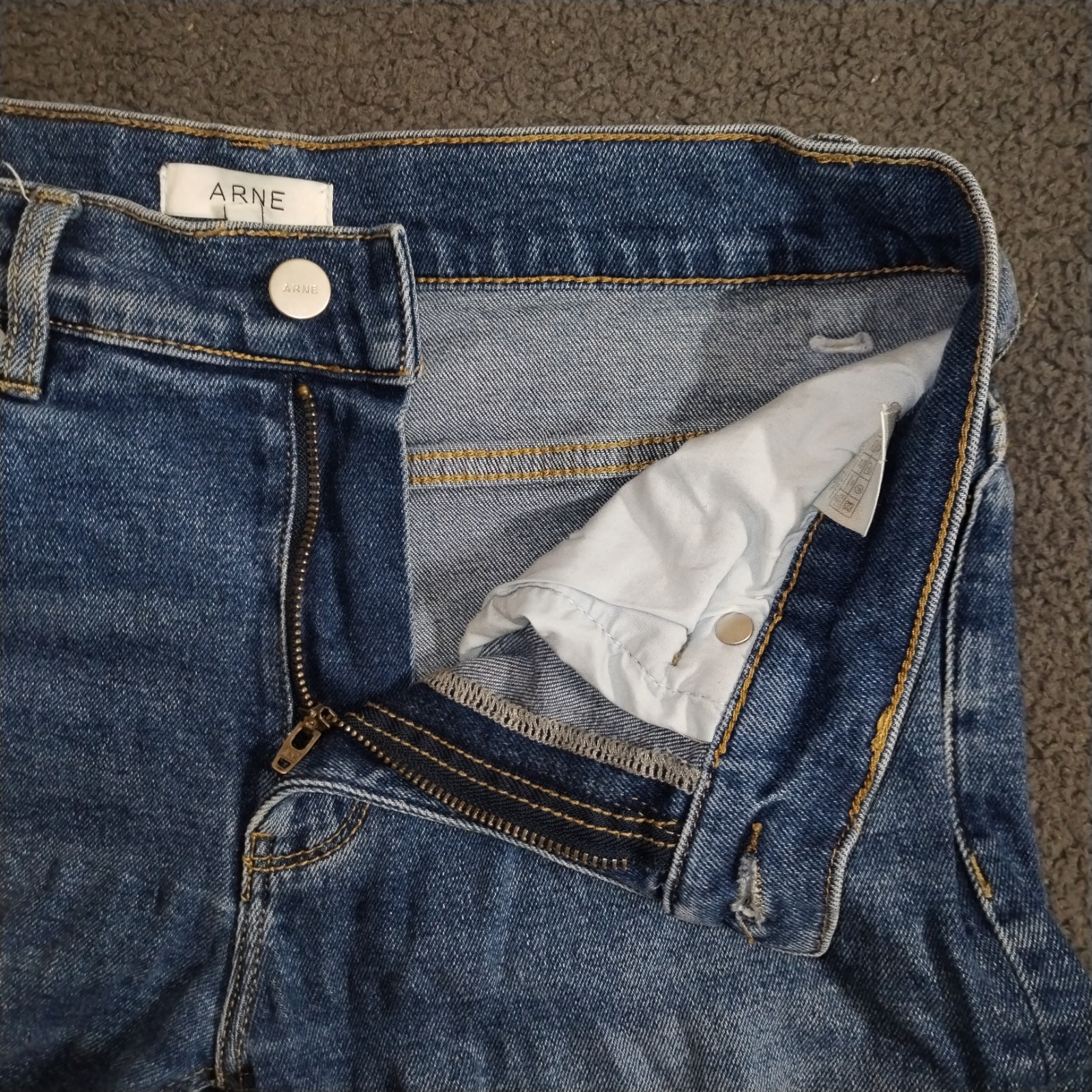Arne Jeans Mens 30×30 Regular Blue Denim Slim Stretch Whisker Leather Logo Fade
