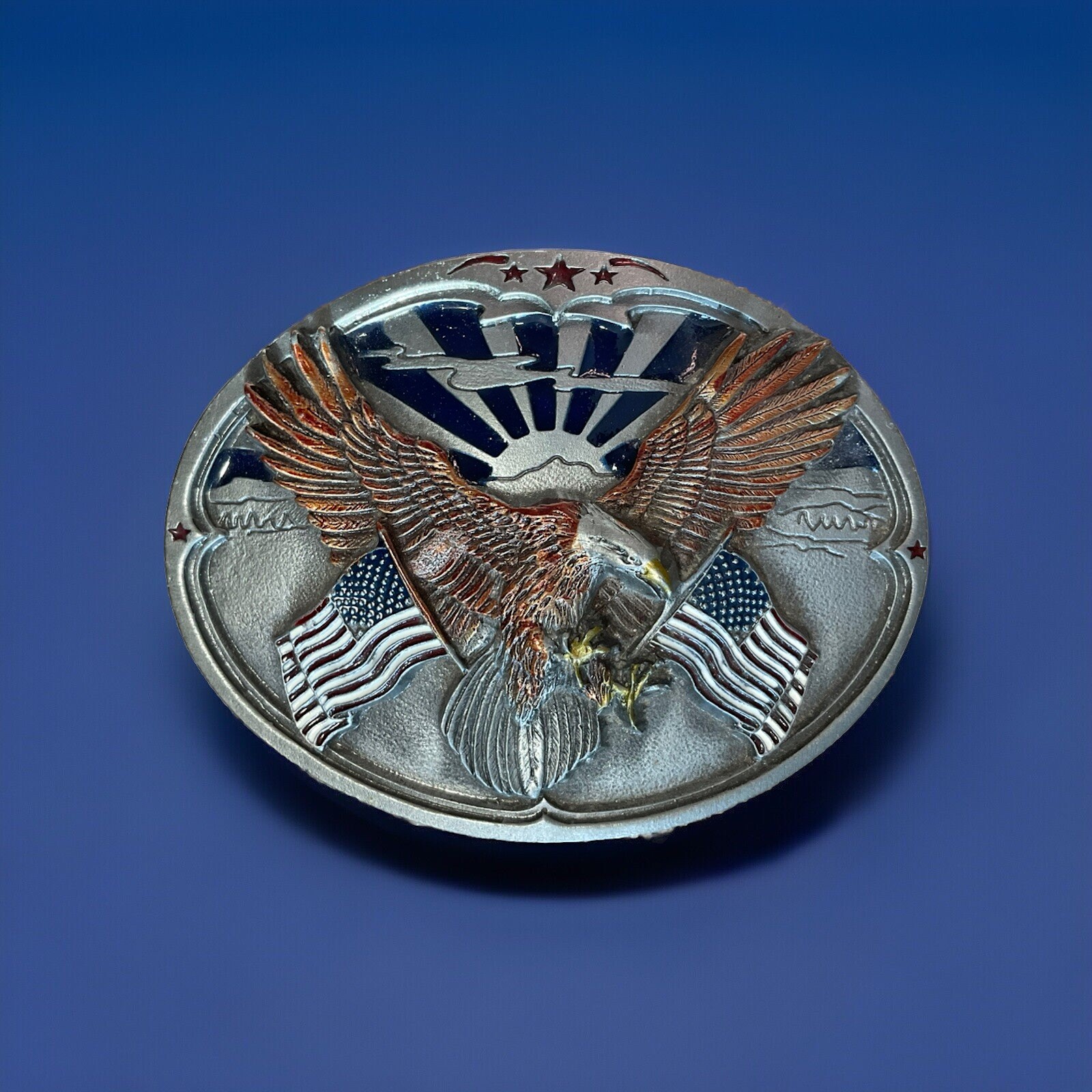 Bergamot American Flags & Eagle Belt Buckle T-256 3D Pewter BRAND NEW