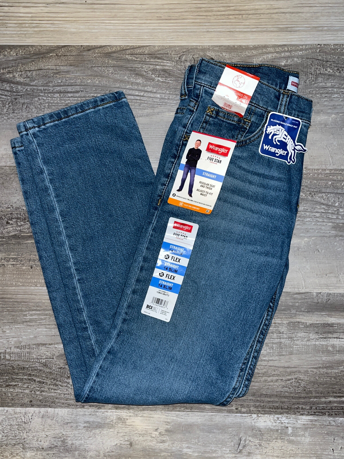 Wrangler Straight Adjustable 14 Slim Boys Jeans NWT Light Blue Denim Stretch