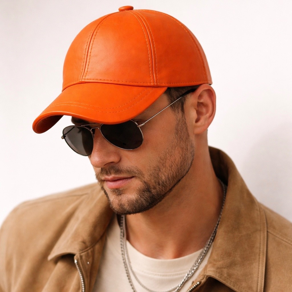 Leather Baseball Cap Hat – 100% Genuine Orange Leather Hat, Limited Edition