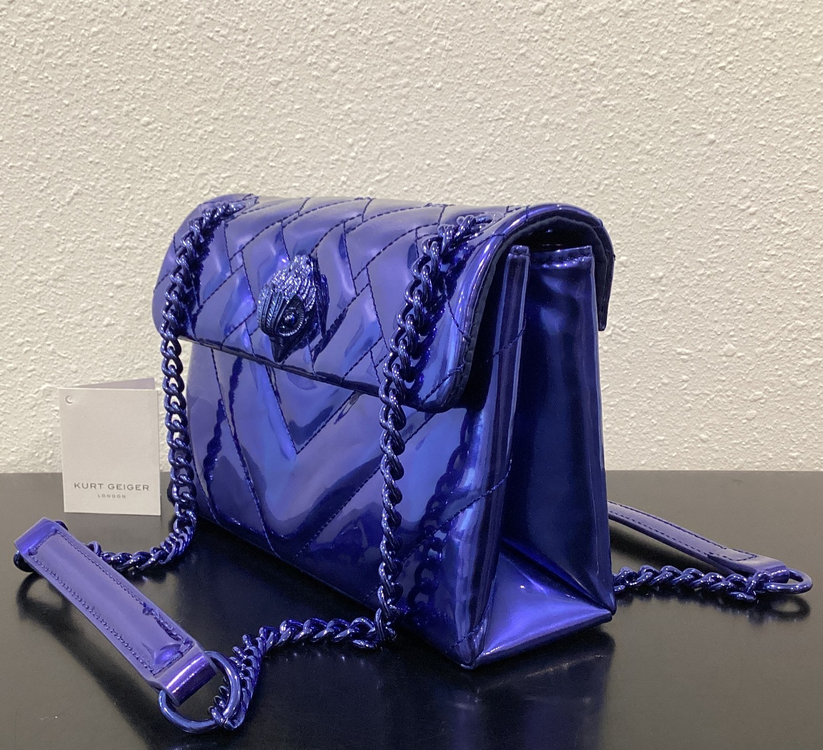 Kurt Geiger Medium Kensington 8.75″ x 5.5″ x 3″ Drench Metallic Leather Blue New