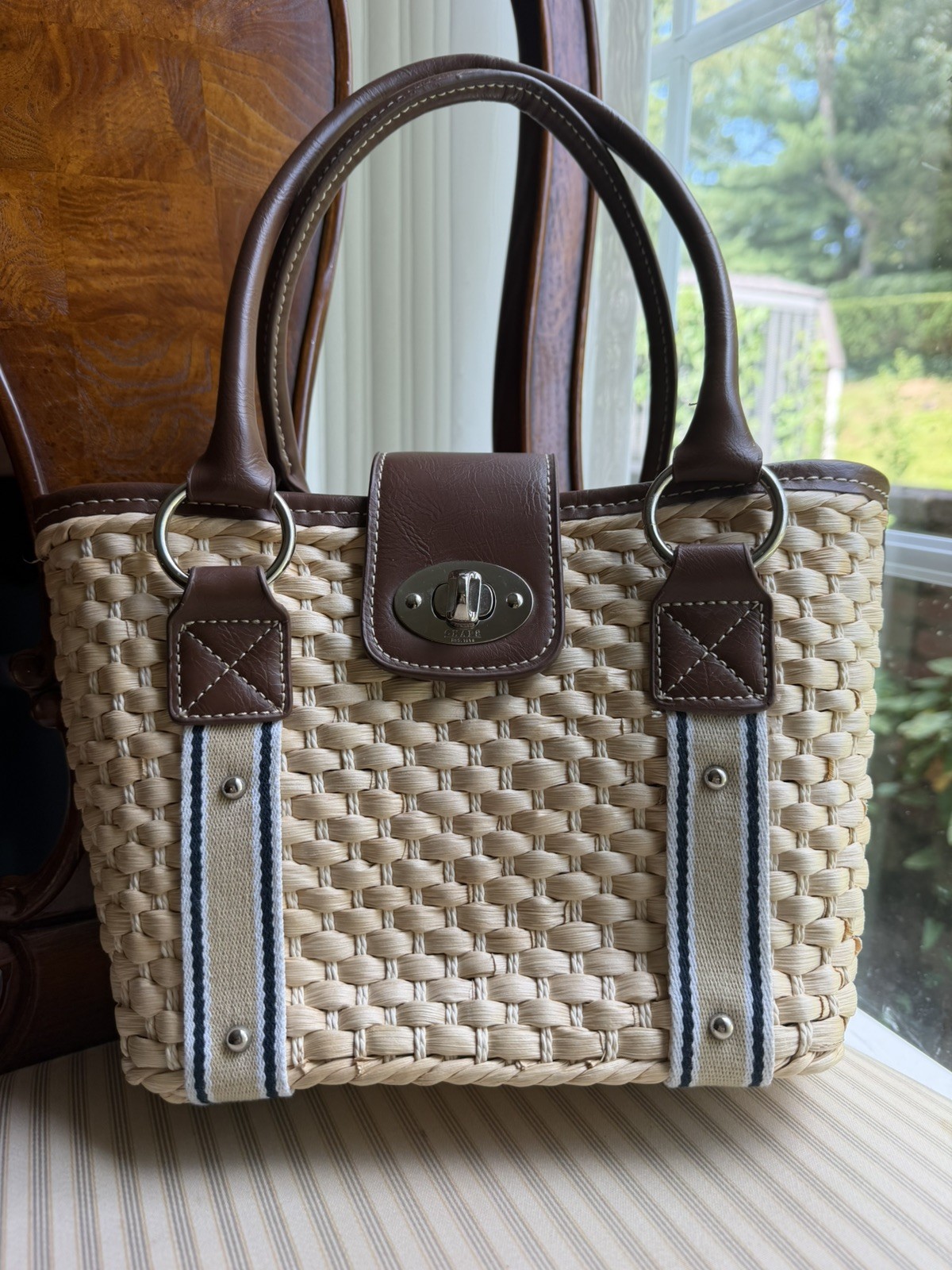 Chaps Basket Weave Purse Tote 10in x 8in brown leather handles Preowned