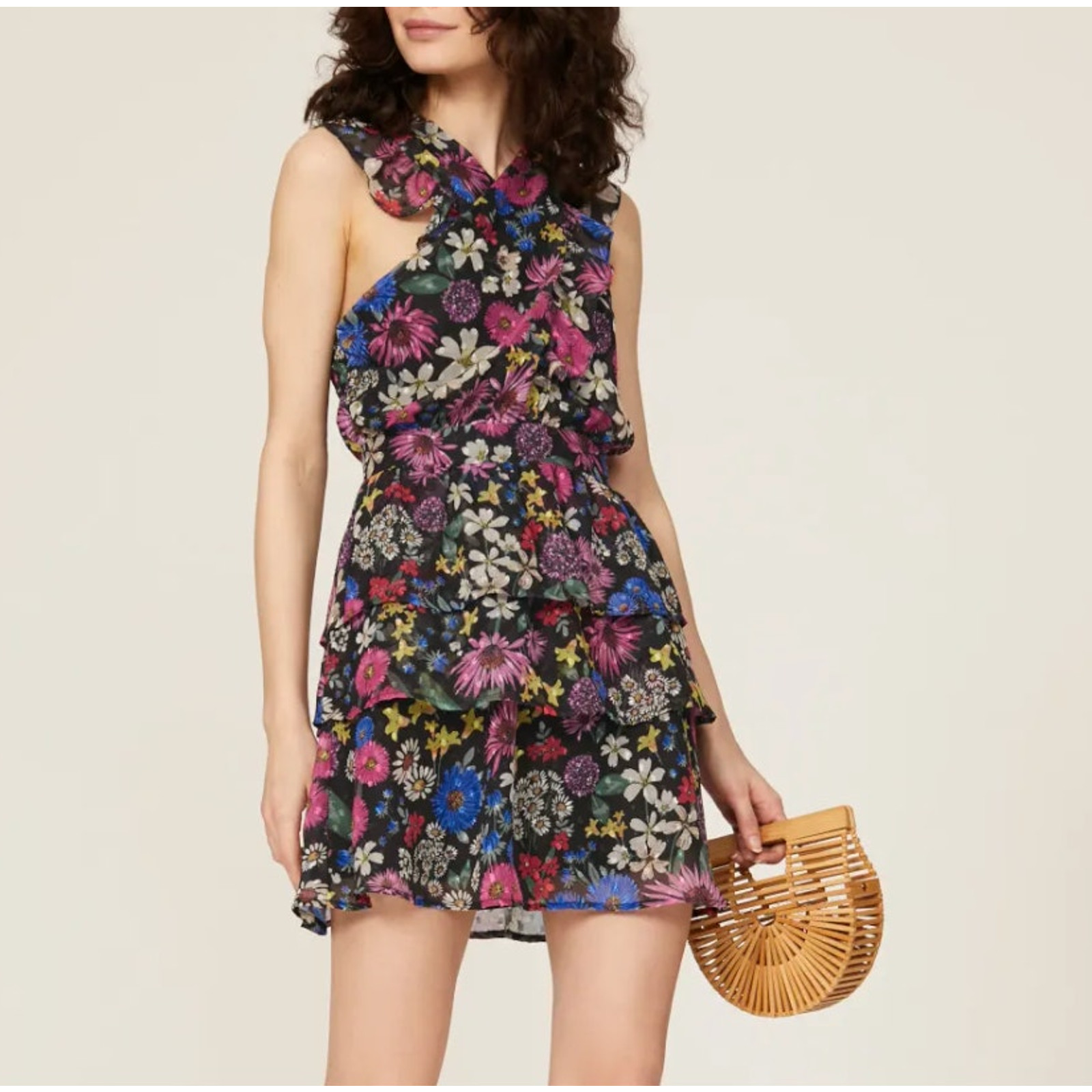 Slate & Willow Black Floral Mini Party Dress XS Chiffon Ruffle Designer $145