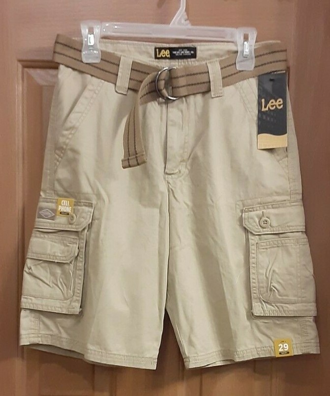 Lee Beige Carpenter Shorts With Web Belt and Cell Phone Pocket Mens Size 29 NWT
