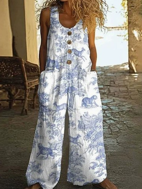 Women Sleeveless Wide Leg Jumpsuit Floral Print Loose Pocket Long Overall Romper