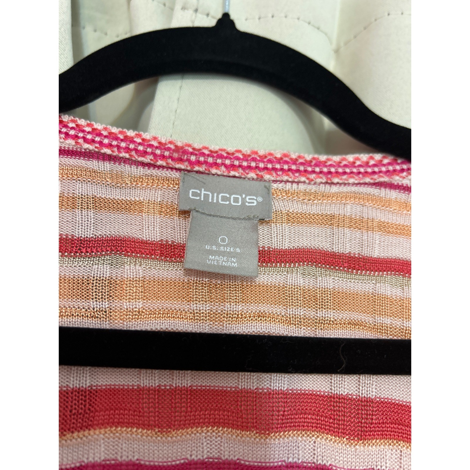Chico’s Striped Open Front Cardigan Pink Orange Tassel Fringe Size 0 Small