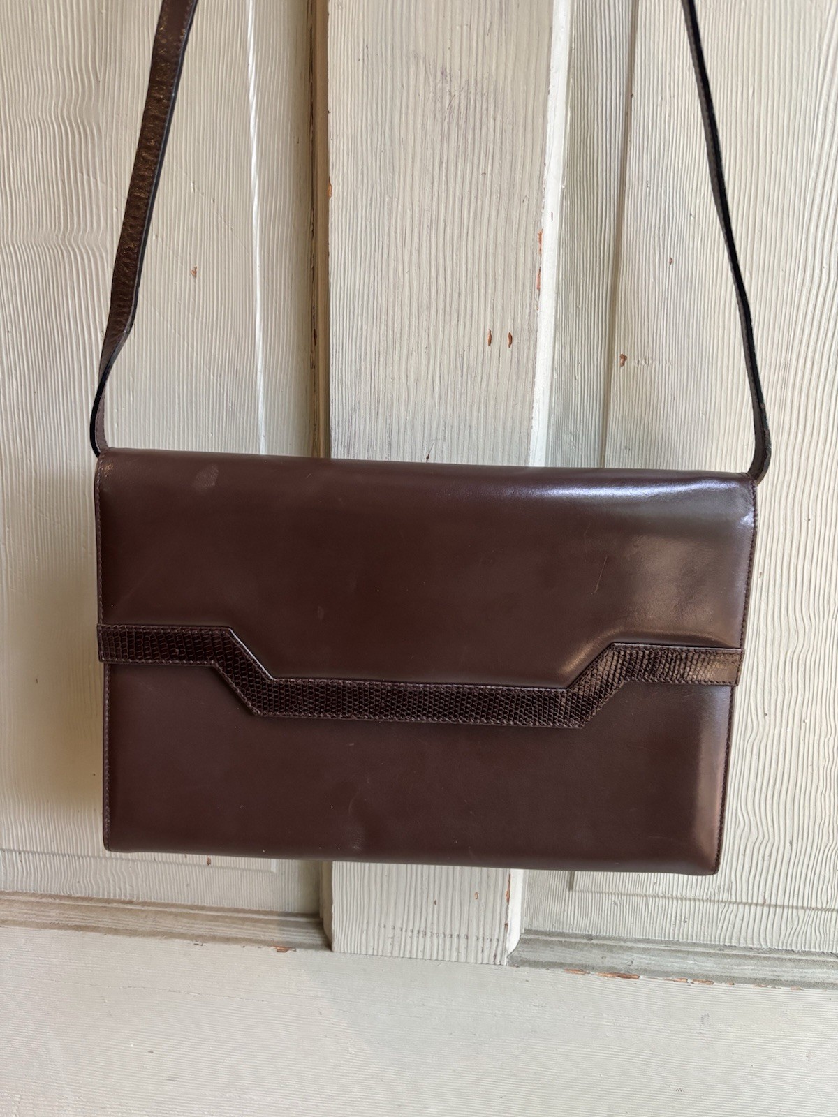 Salvatore Ferragamo vtg Brown Leather & Lizard Trim Clutch Shoulder Bag Italy