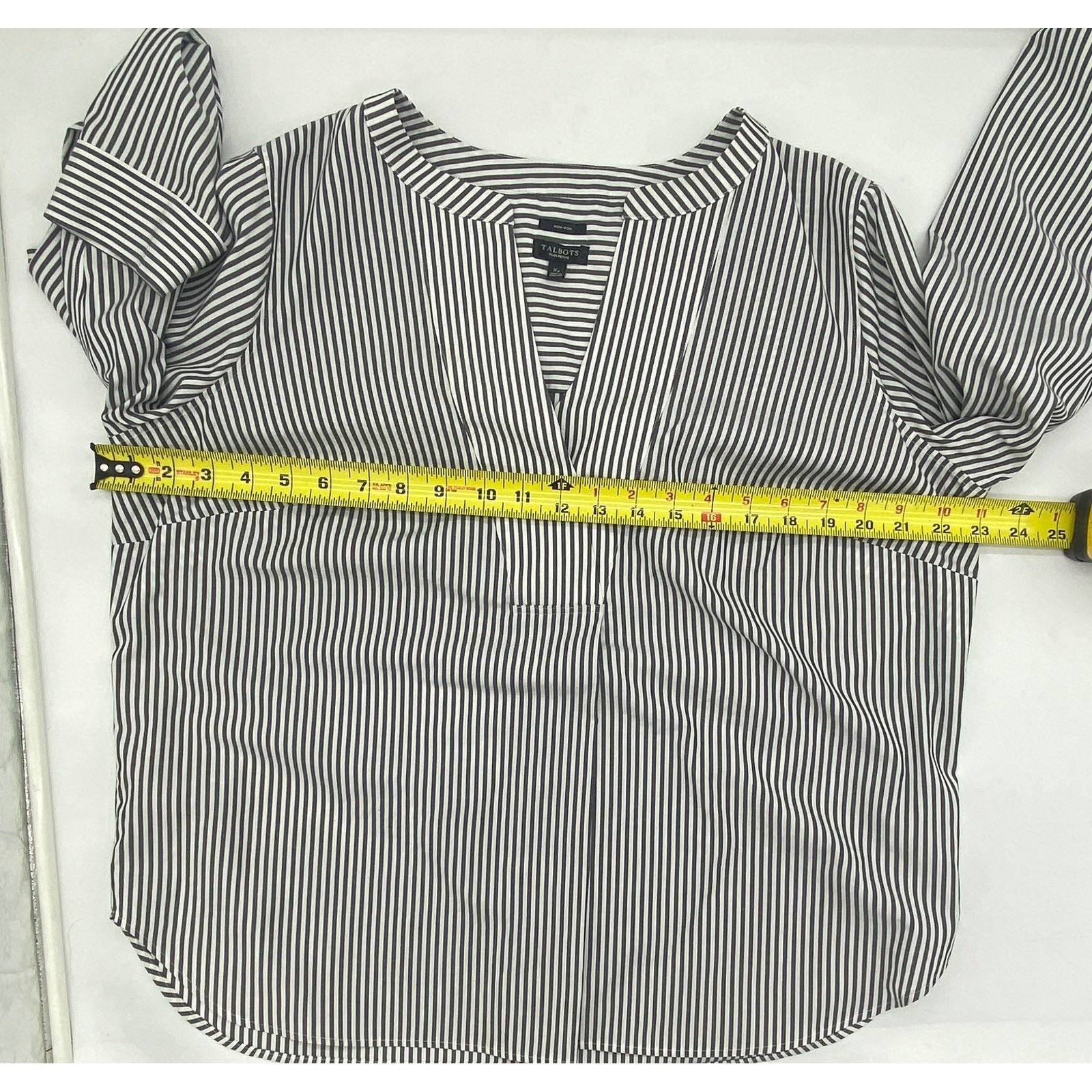 Talbots Womens Plus Petite XP Non-Iron Striped Split Neck Blouse Navy White