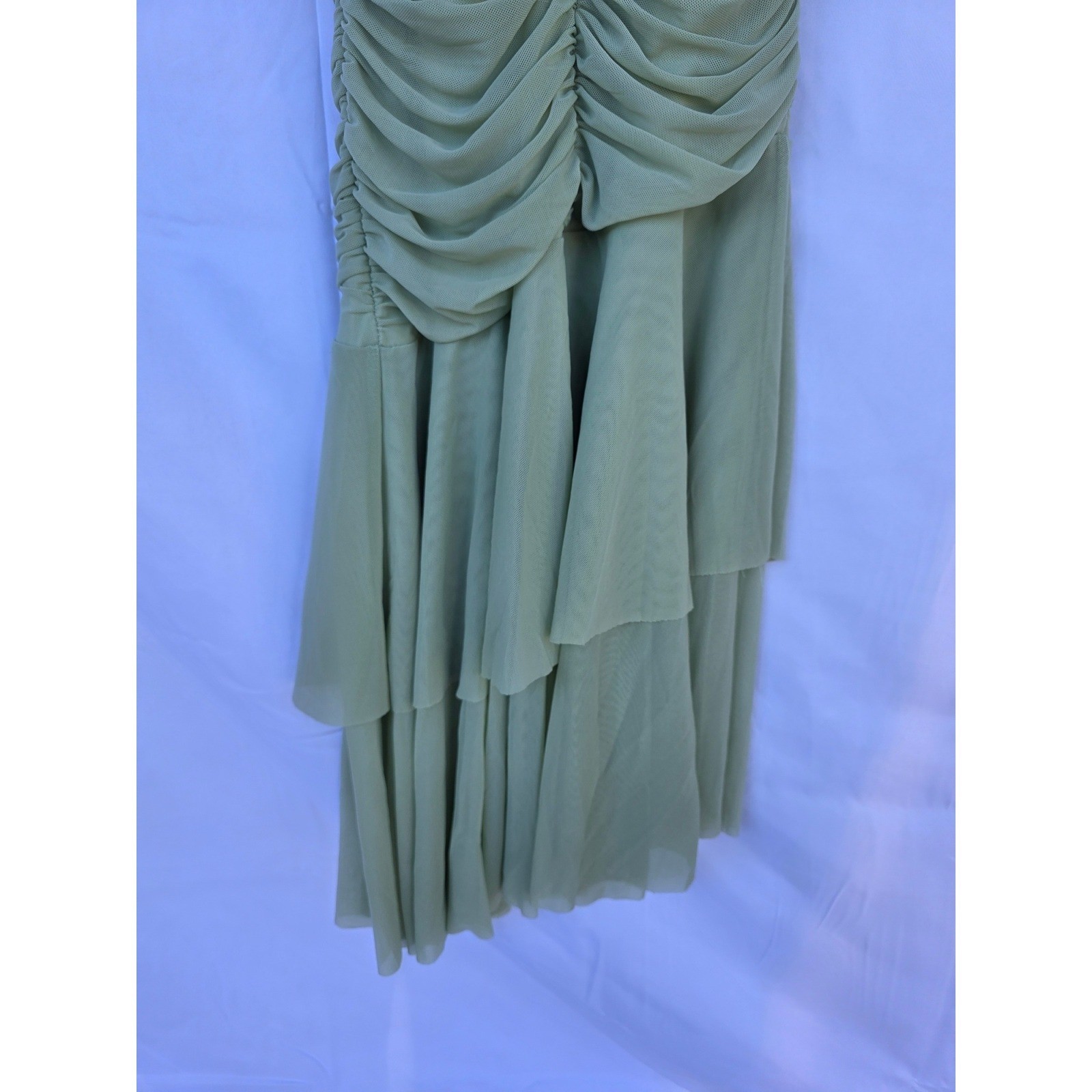 Hello Molly Sage Green Ruched Mesh Dress V-Wire Mermaid Hem Formal Gown NWT XS
