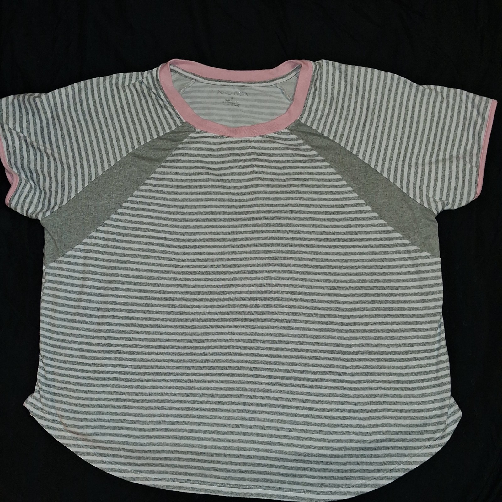 NAUTICA Gray, White, & Pink STRIPED CUTE cotton knit TOP Short Sleeve XXL 2XL