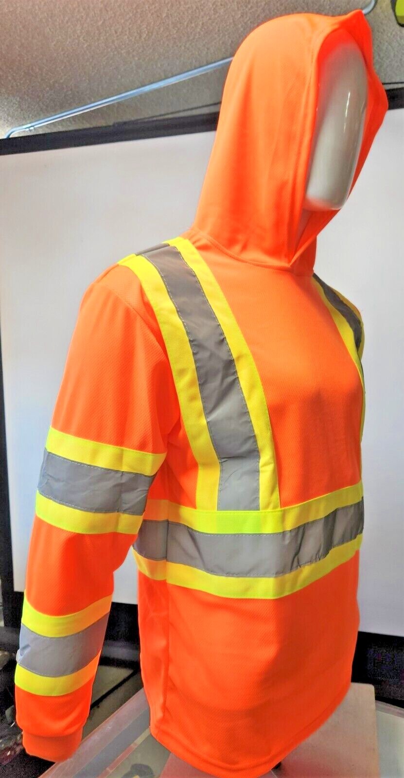 Class 3 Orange Long Sleeve Safety Shirt With Hoodie, Polyester Birdeye mesh