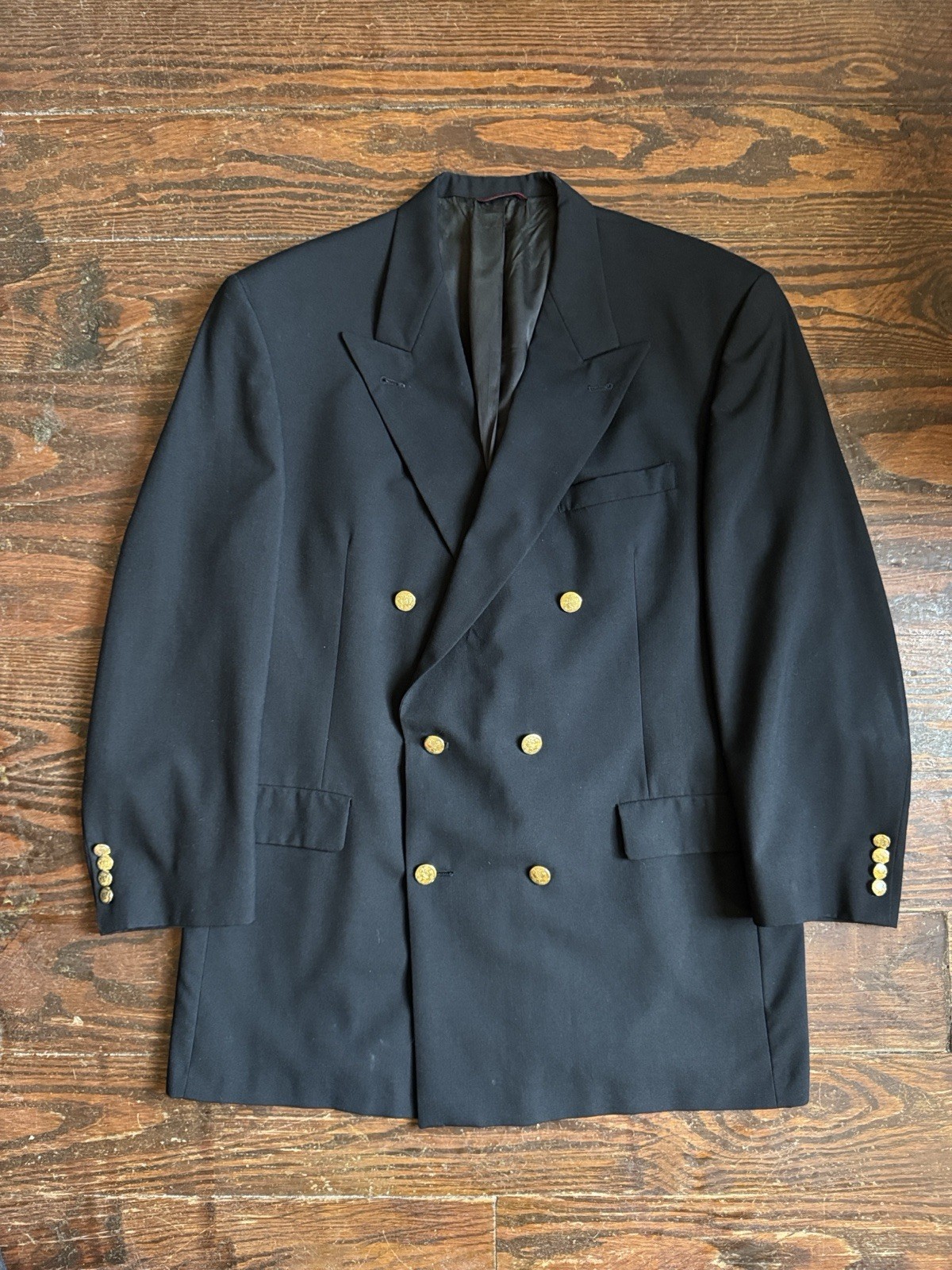 Vintage Hart Schaffner Marx Black Double-Breasted Blazer with Gold Buttons 46L