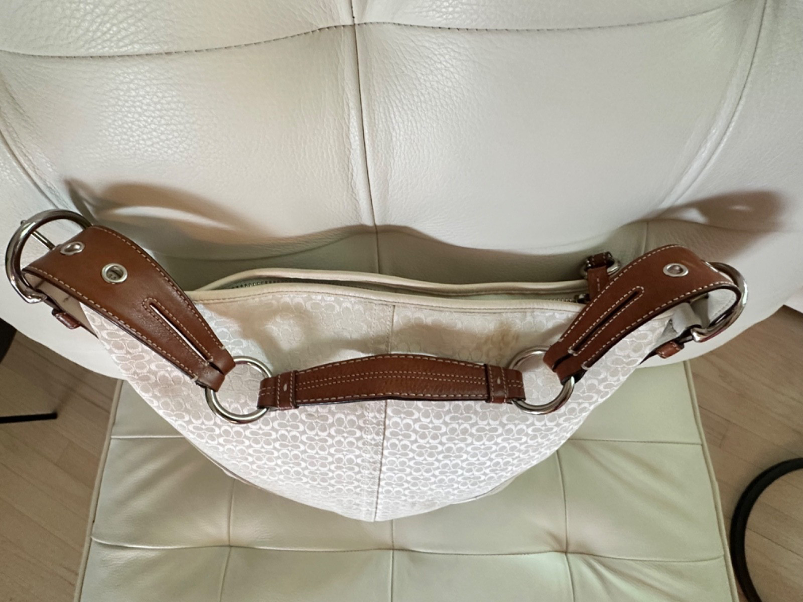 Coach Signature Hobo CC Monogram Shoulder Bag Cognac Leather White Fabric