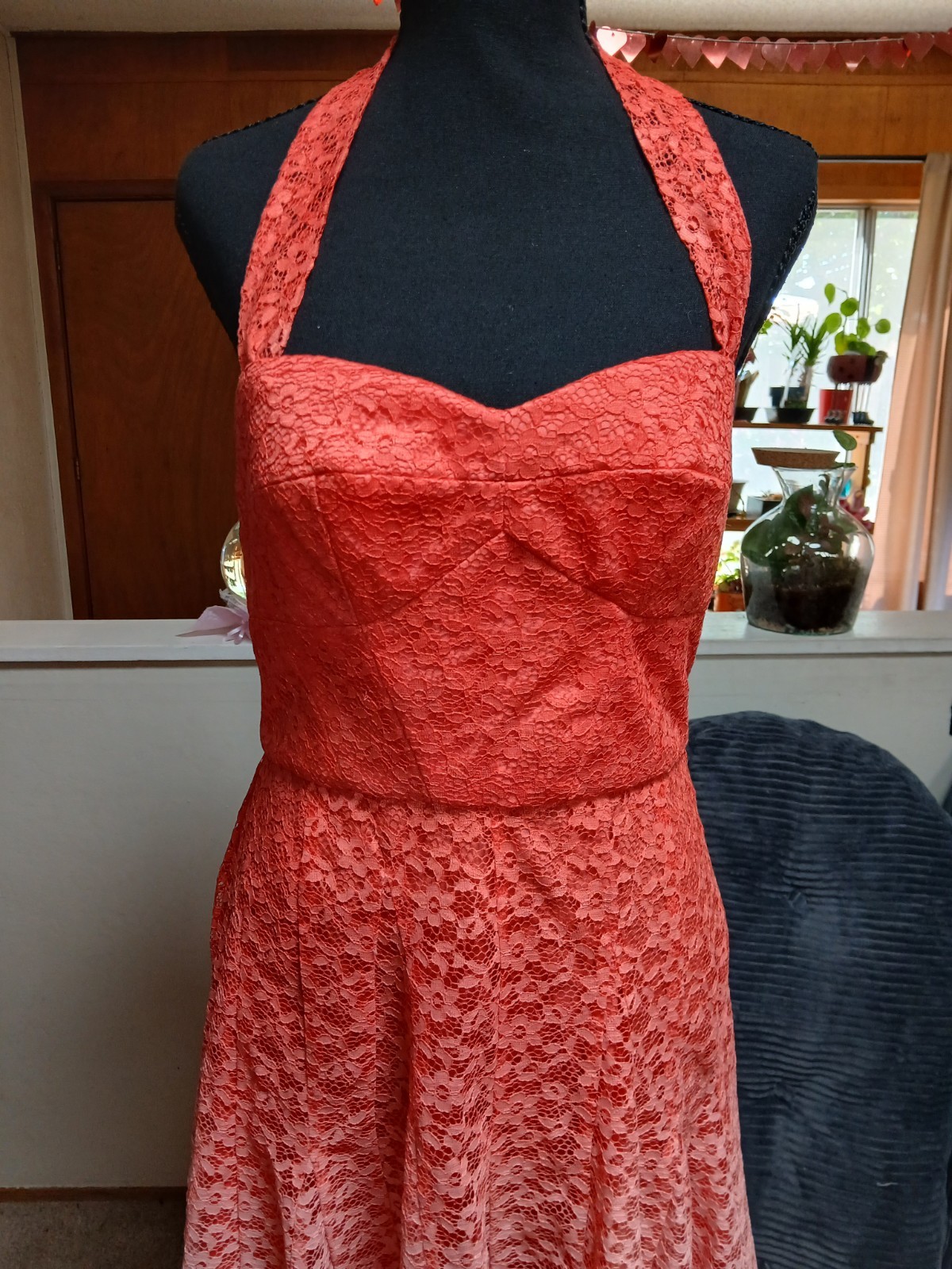 Betsey Johnson Womens 8 Coral/Pink Lace Halter Sweetheart Fit & Flare Dress
