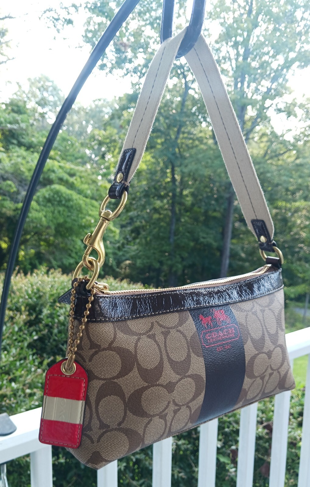 Coach 11562 Signature C Beige Coated Canvas & Patent LeatherBaguetteShoulder Bag