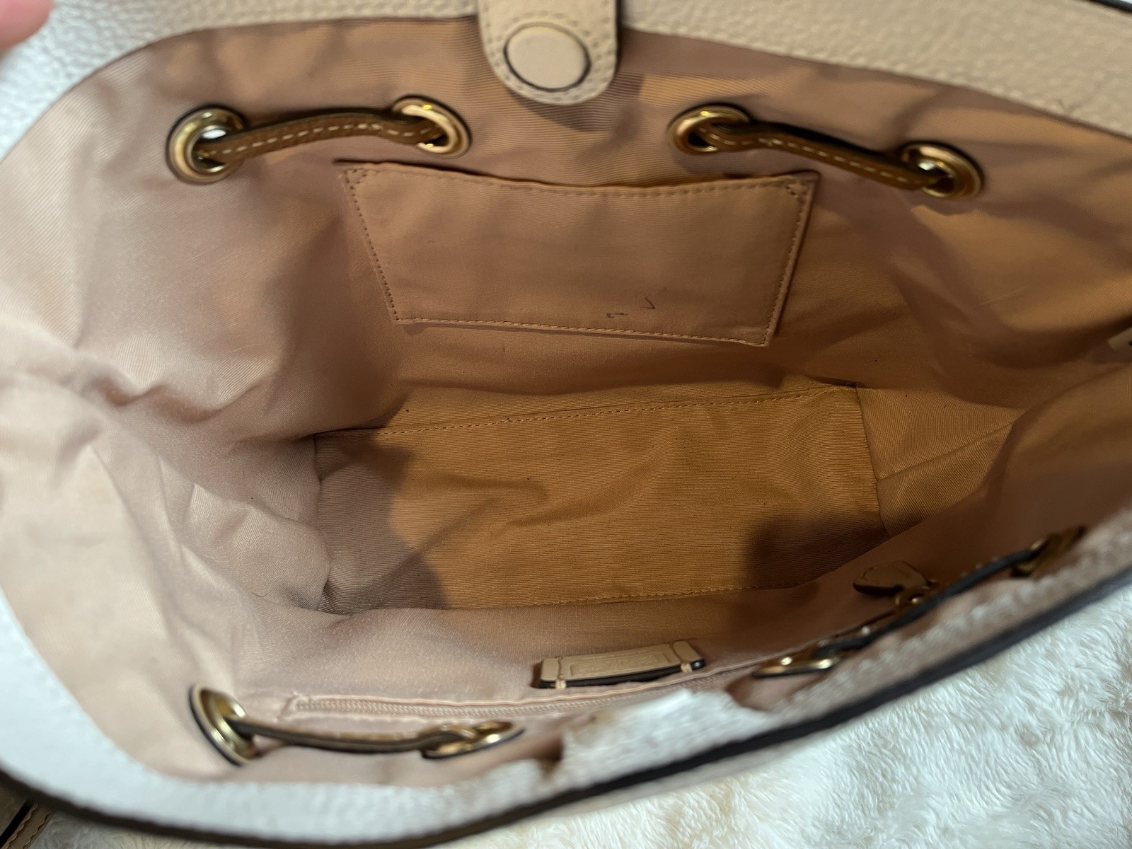 Coach Pebbled Beige Medium Crossbody, Brown Strap, Tassel, Gold Hardware