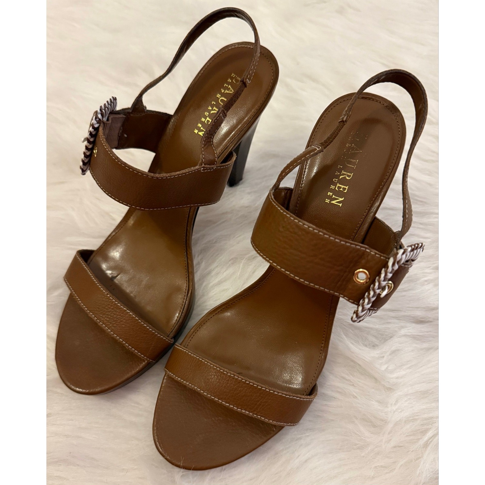 Vintage Lauren Ralph Lauren Brown Leather Sandals 11M Woven Buckle Heel 2008