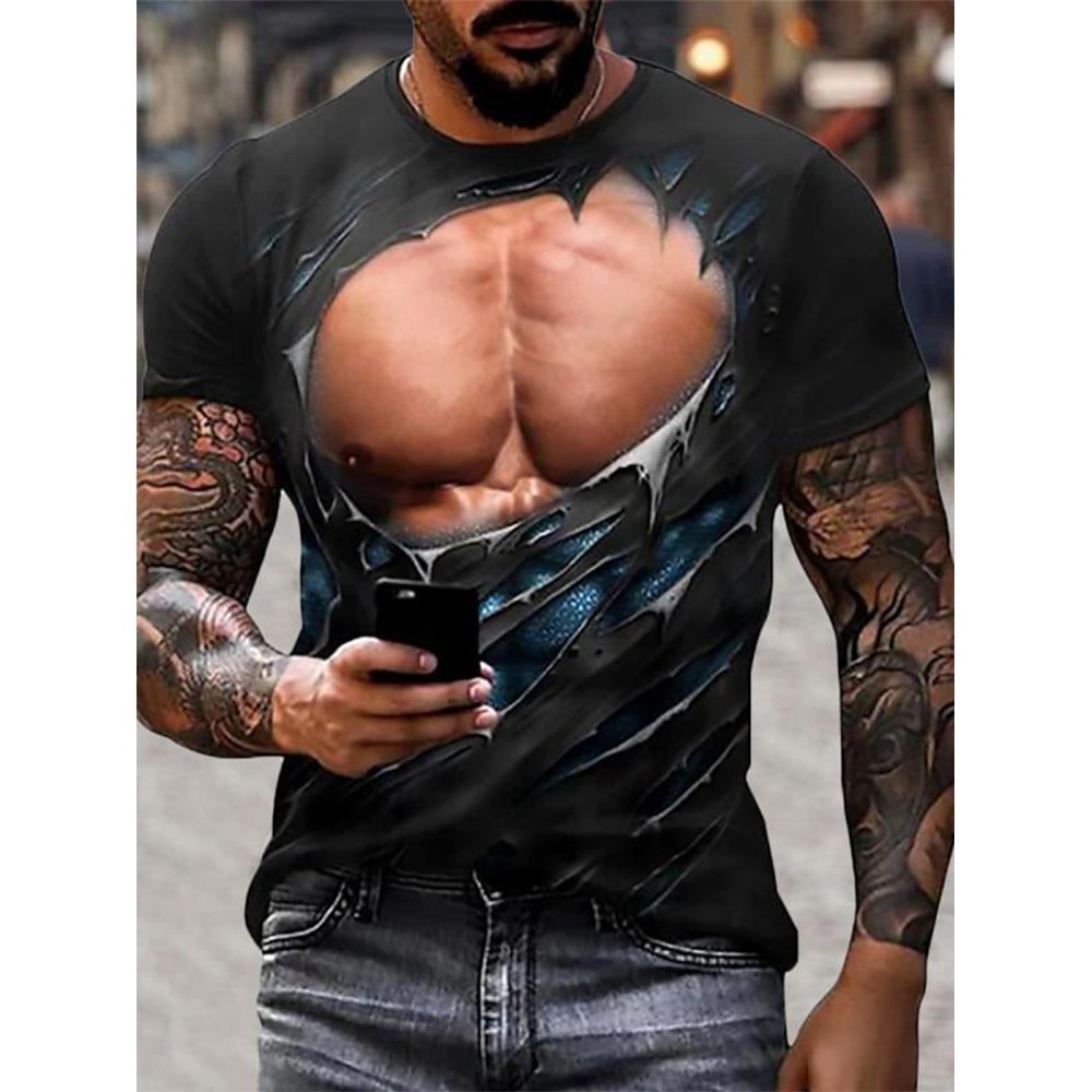Men-3D Muscle Tattoo Print T-Shirt Short Sleeve Digital Printing Shirts Tops`Tee