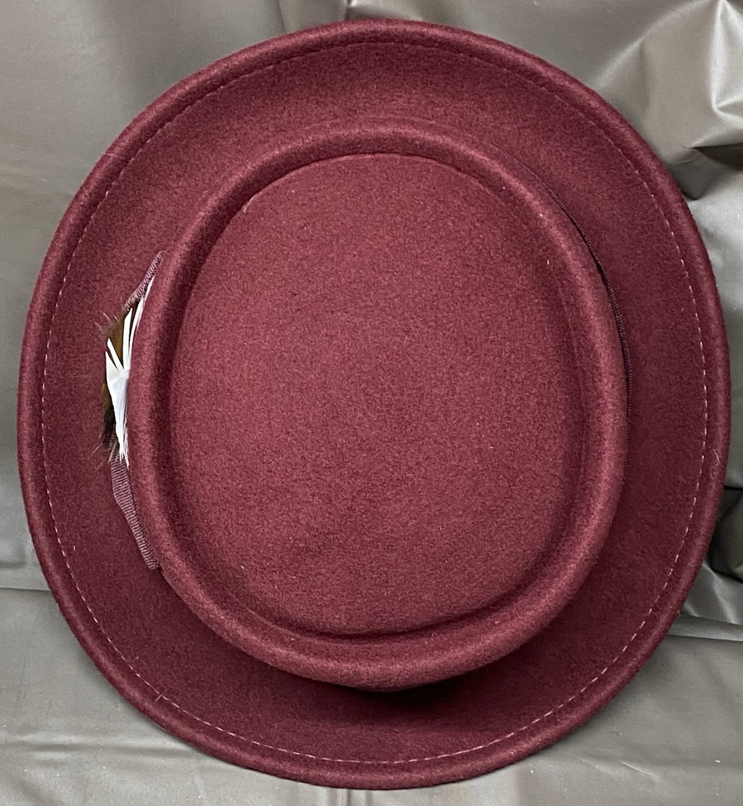 Different Touch Burgundy Pork Pie Hat 100% Wool Felt Stingy Brim Feather Large