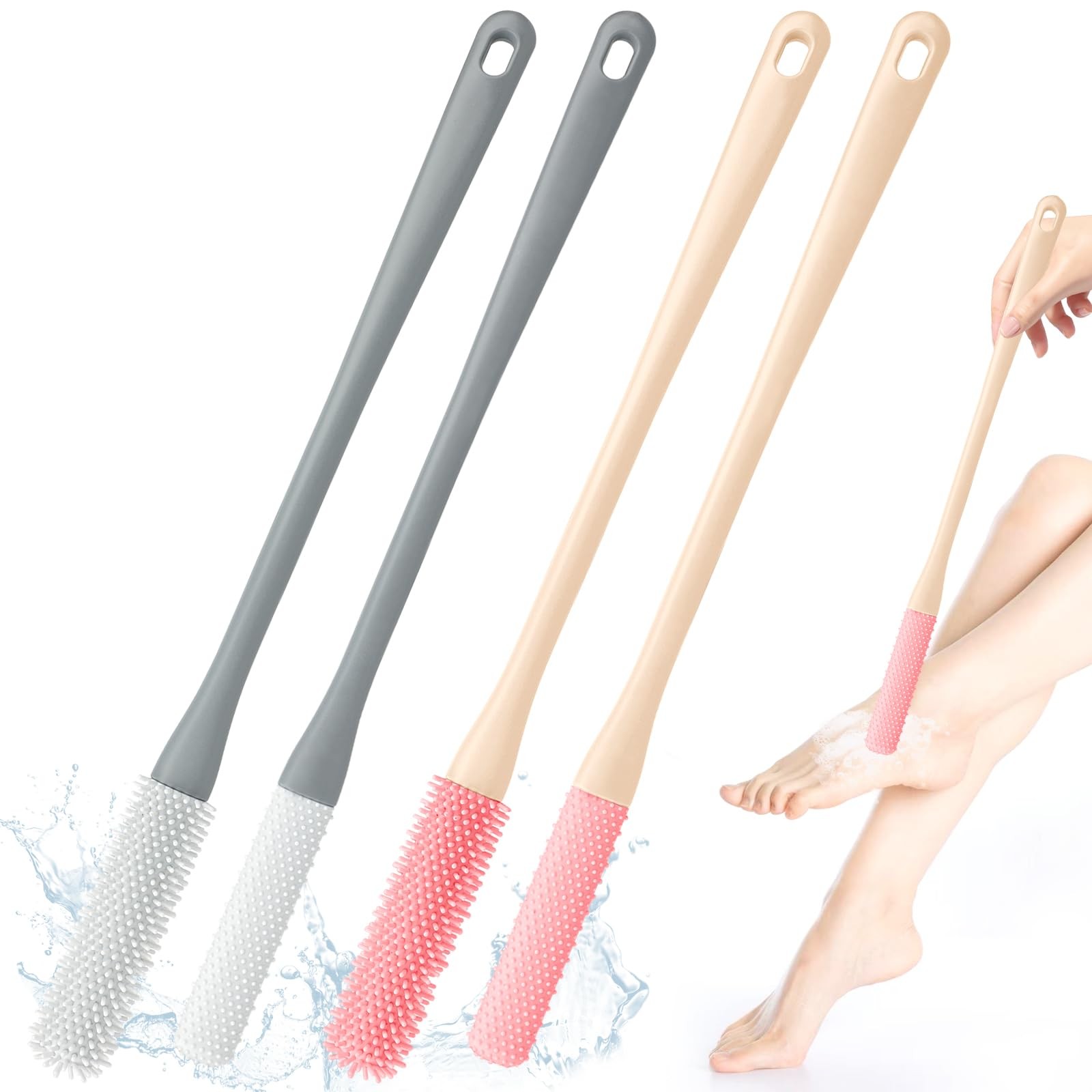 4 Pack Toe Cleaning Brush, 15.7” Long Handled Silicone Foot Grey+pink