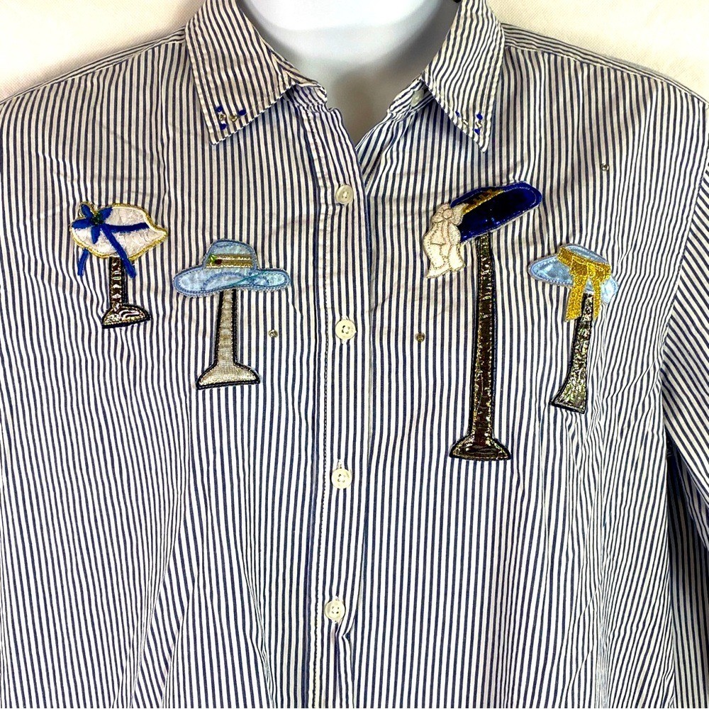 Bobbie Brooks XL Embroidered Appliqué’s Hats On Stands Blouse Blue Granny Art
