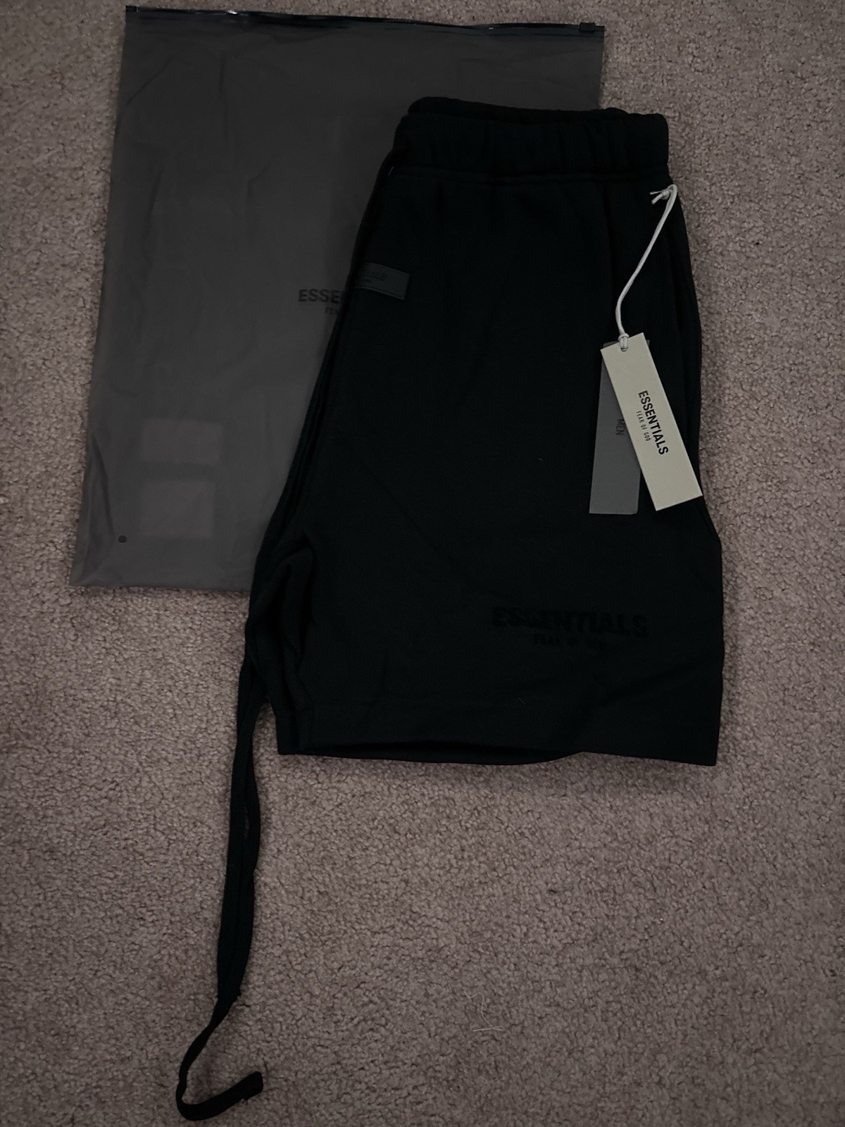 Essentials Men’s Black Solid Sweat Shorts Drawstring Elastic Waist Logo