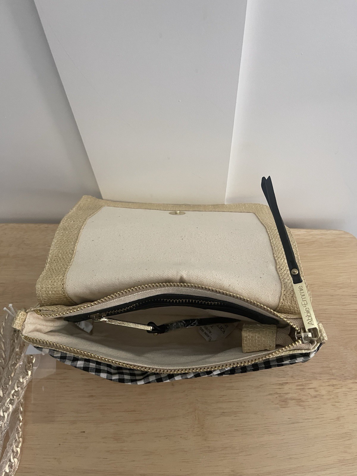 Abbie Emmie Beige Gingham Bow Crossbody Bag Detachable Chain Strap Snap Zip