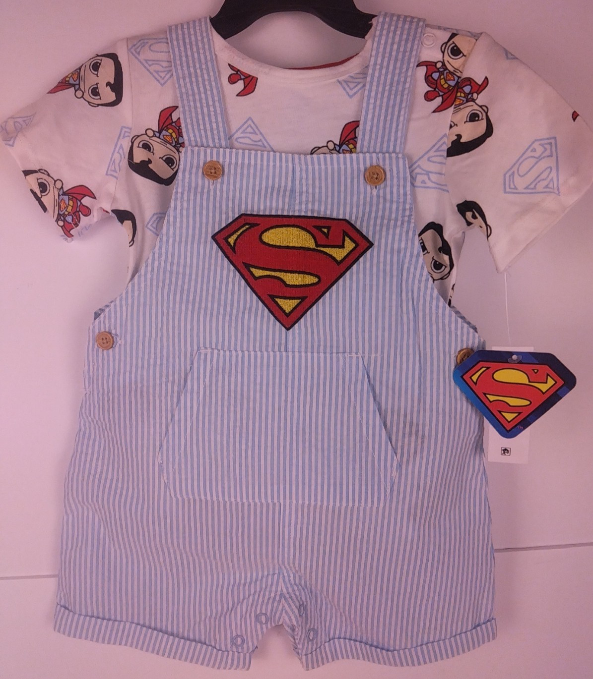 DC Superman Infant Boys 2 Piece Light Blue Short Coveralls Set Size 12M – New