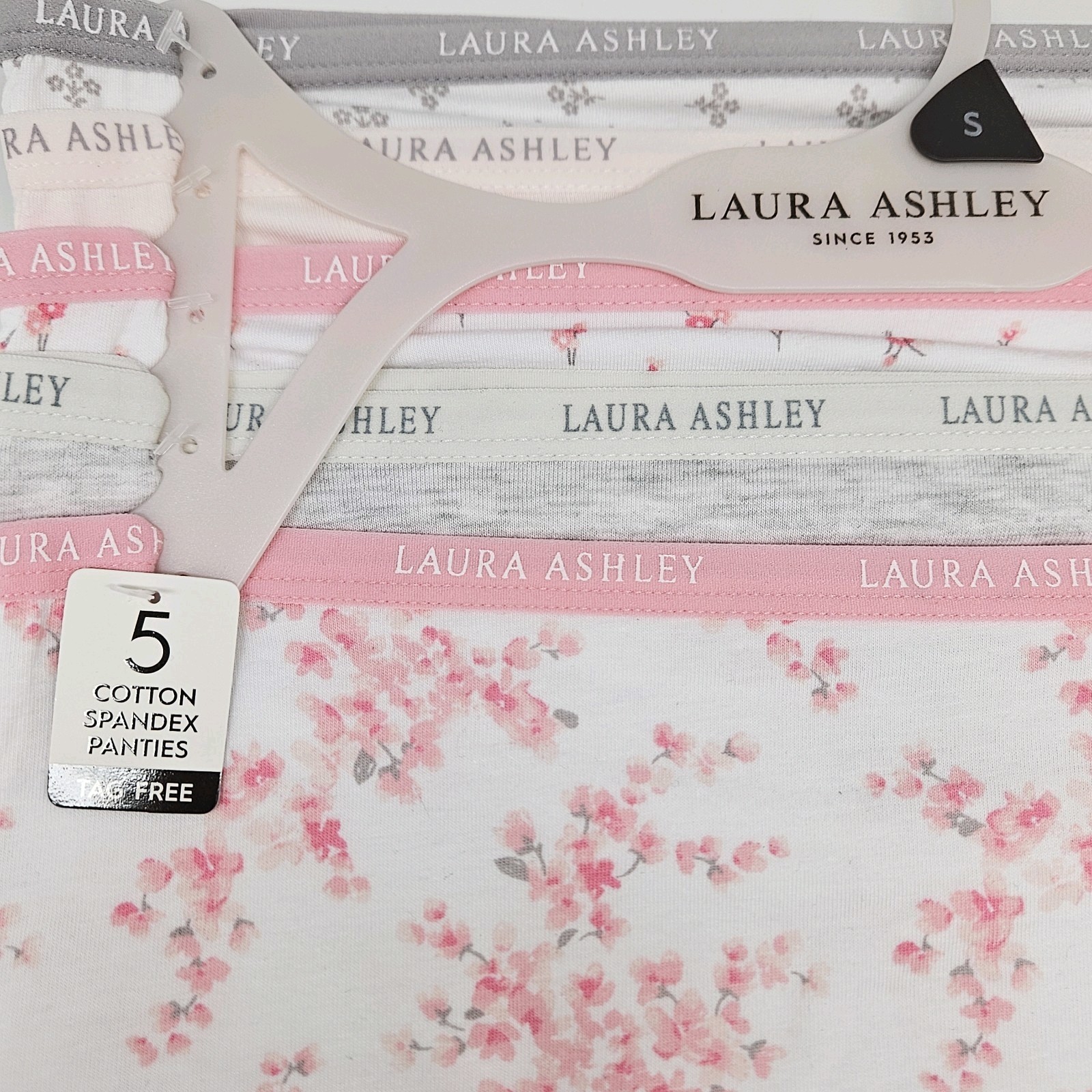 LAURA ASHLEY 5 Pack Women’s S M L Logo Cotton Panties White Pink Gray