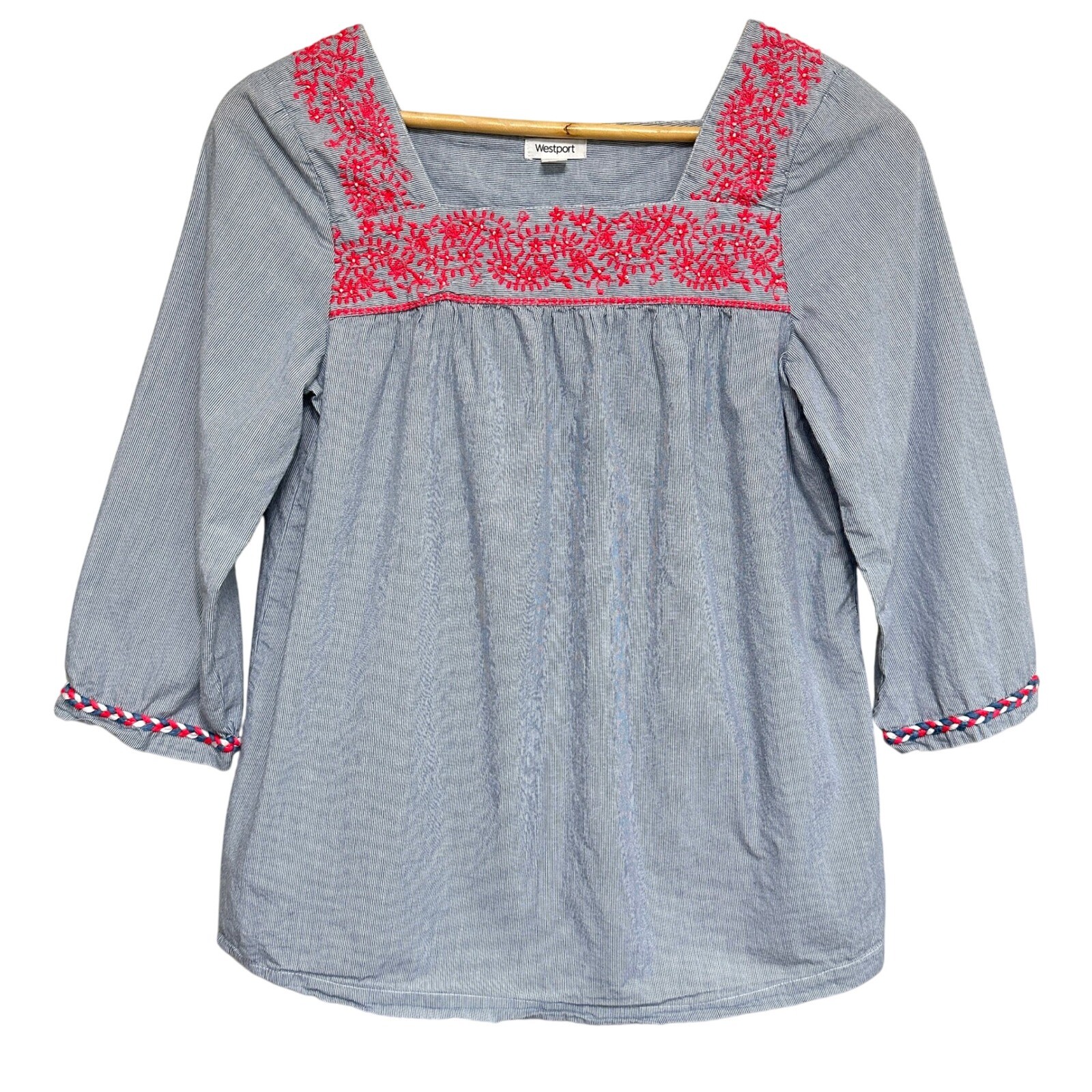 Westport Embroidered Peasant Top Womens S Striped 3/4 Sleeve Blouse Boho Chic