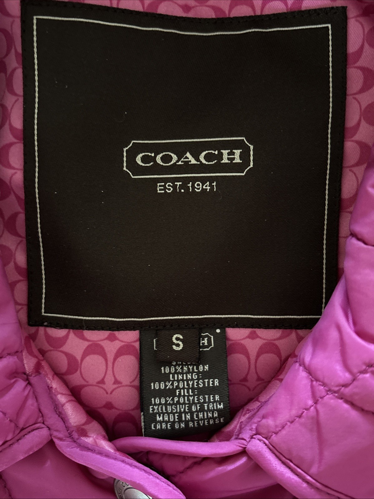 Coach Women Nylon Blended Quilted Logo Snap Button Jacket Rose S Puffer Coat