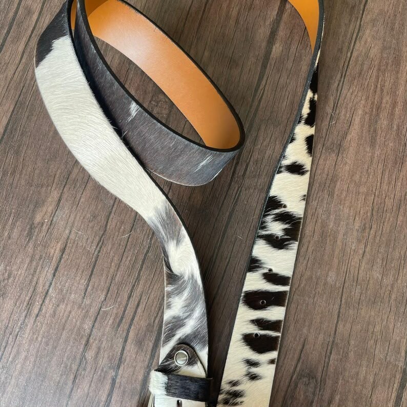 Western Cowhide Leather Belt Brown White Handmade Genuine Fur Buckle