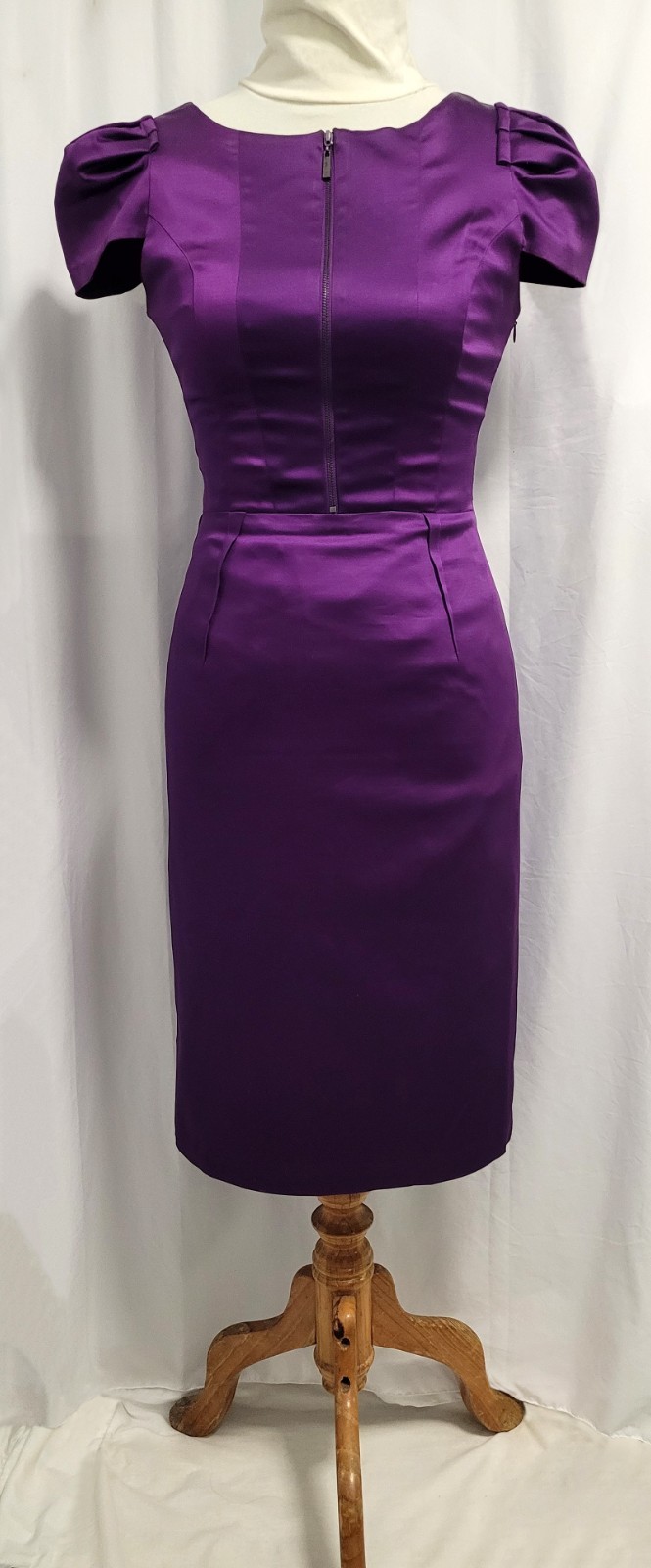 CUE Purple Satin Midi Pencil Bustle Dress Cup Sleeve Size 8