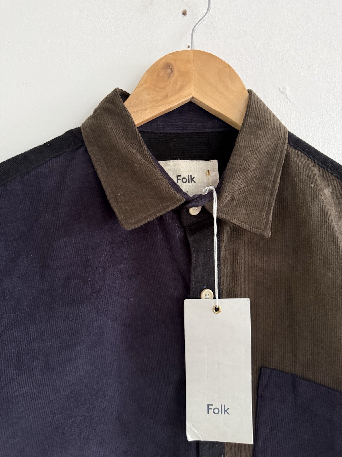 Folk Harper Colour Block Corduroy Shirt Mens Small 2 Khaki Navy Button Up BNWT