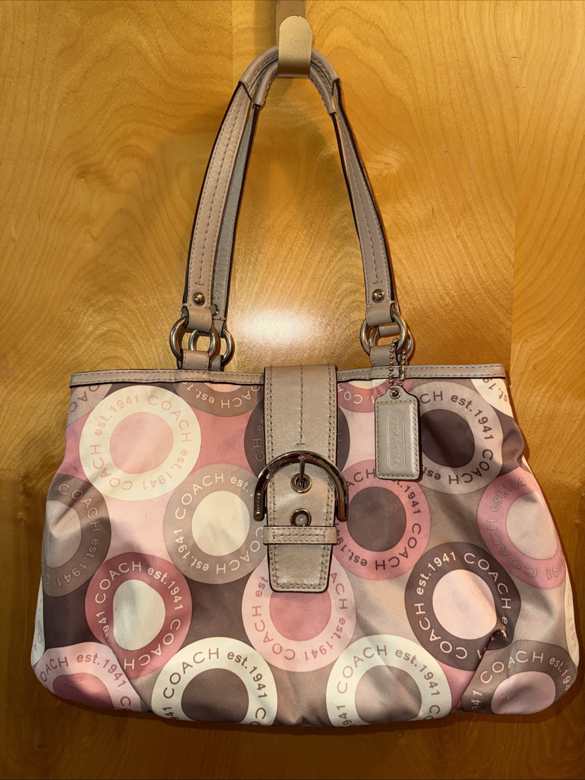 vintage Coach Beige Pink Logo Buckle Accent Double Handle Shoulder Bag F18805. M