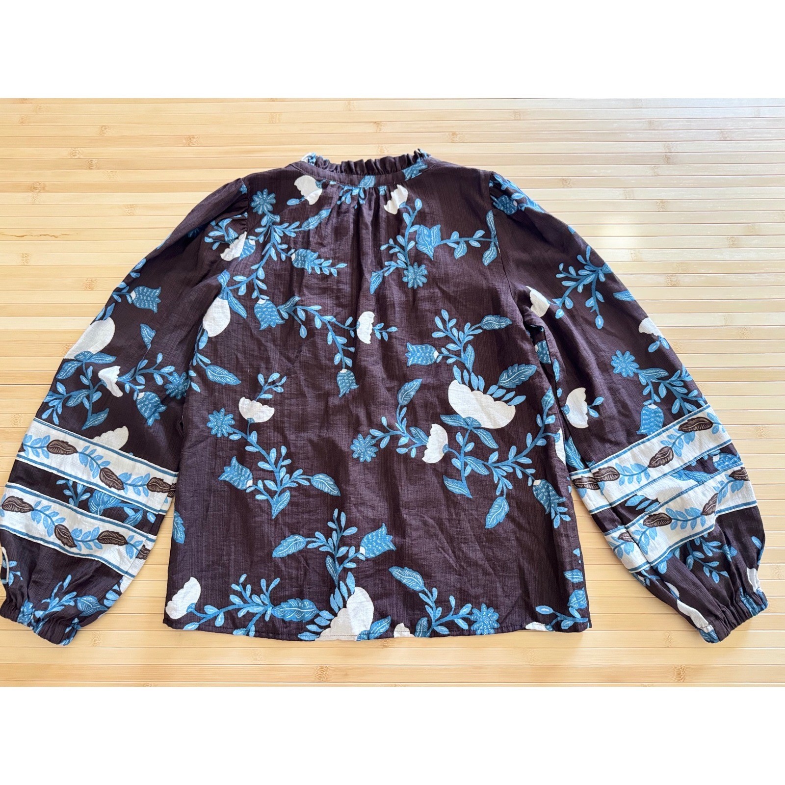 Loft Petites Oversized Easy Fit Floral Top Brown Blue Ruffle Neck XXSP
