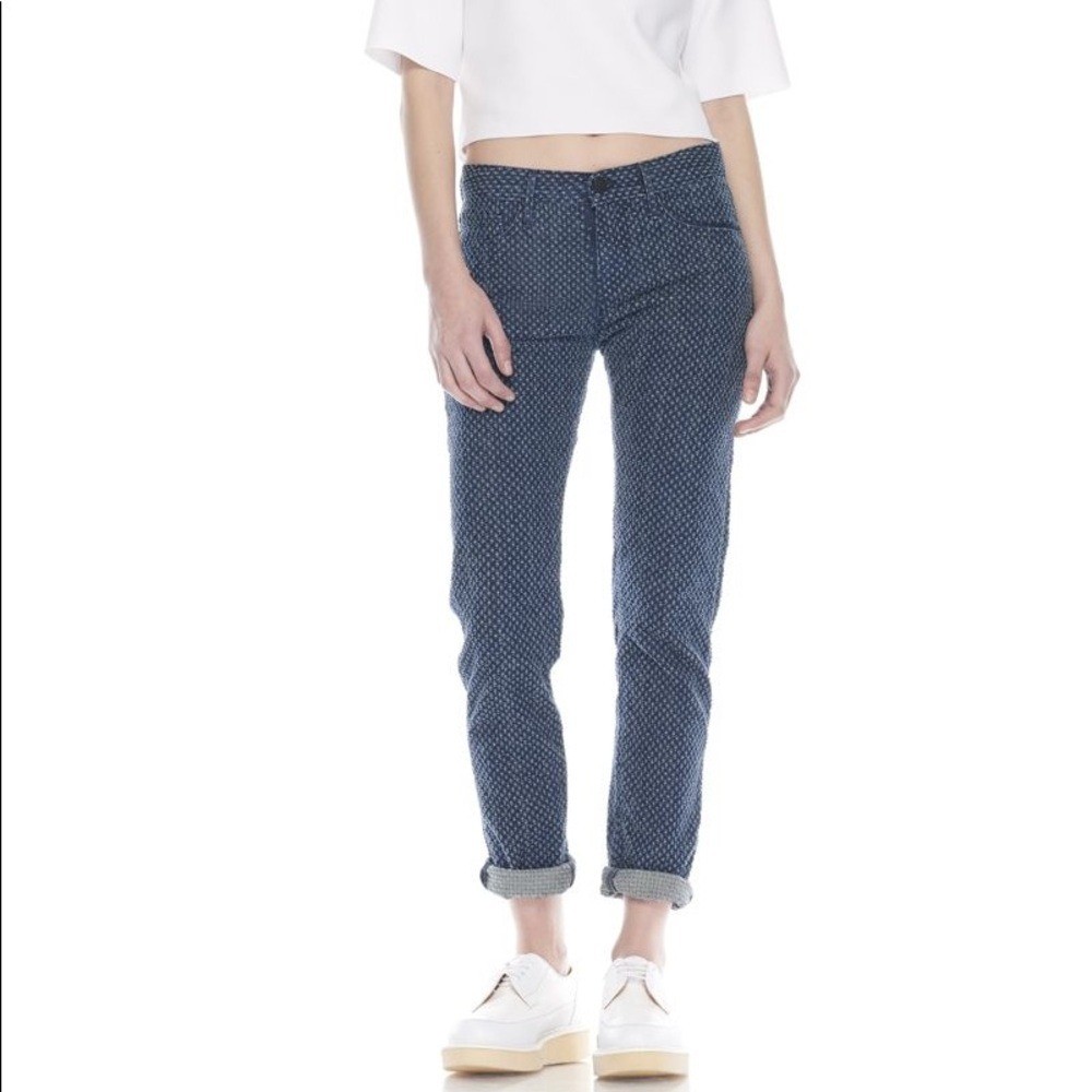 3×1 Women Mid Rise Dekalb Boyfriend Jeans Textured straight leg roll cuffs blue