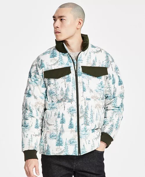 Sun + Stone Men’s Insulated Quilted Puffer Jacket Forest Tree Print Winter Coat