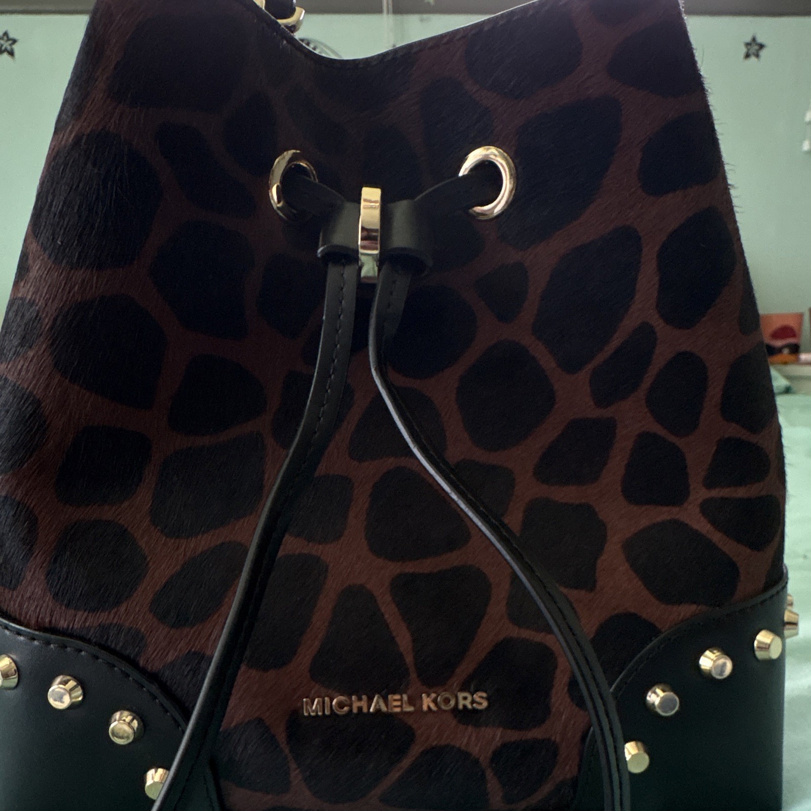 Michael Kors Brown/Black Animal Print Bucket Drawstring Studded Crossbody Bag