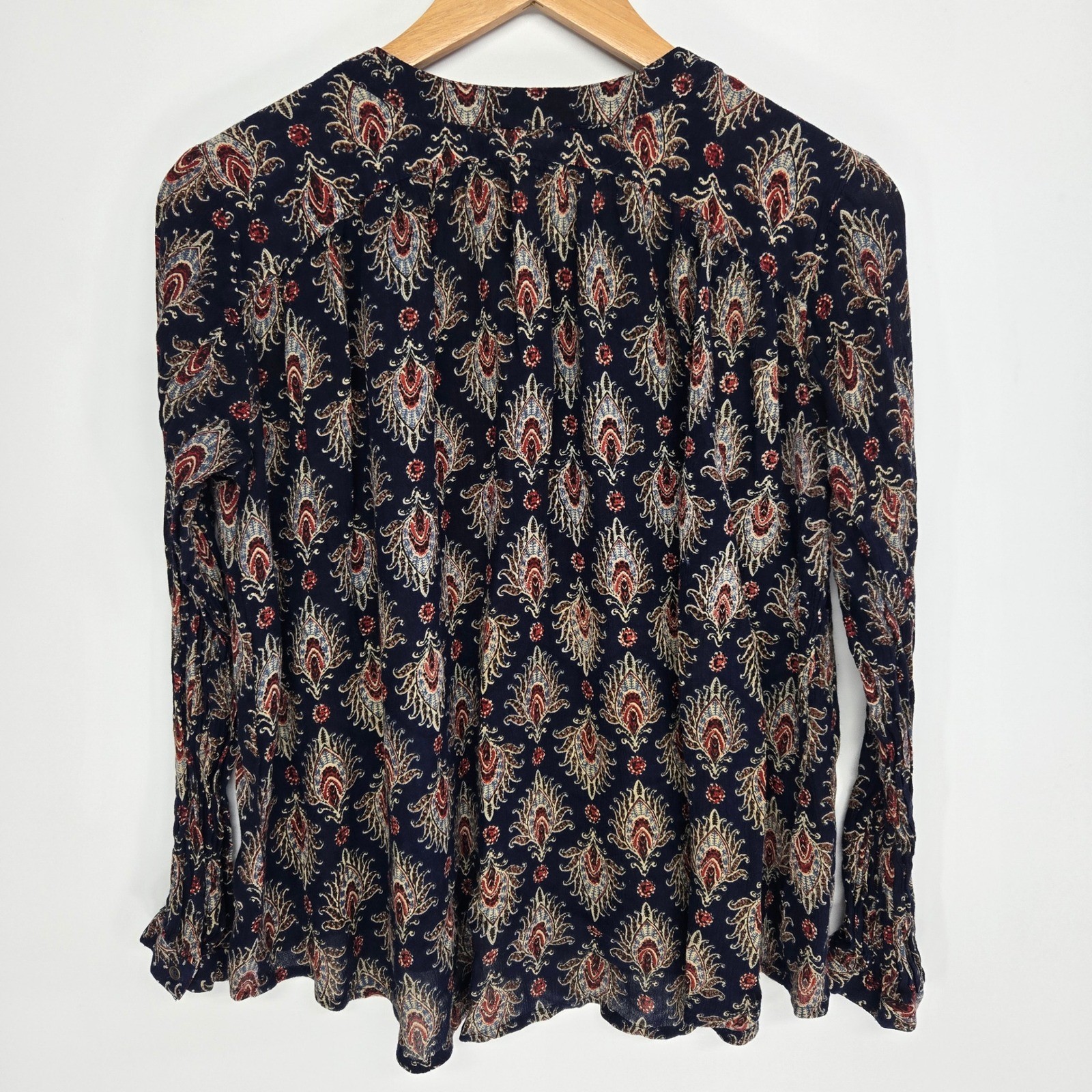 Sun & Shadow Blouse Women Small Navy Blue Paisley Boho Button Front Top Festival