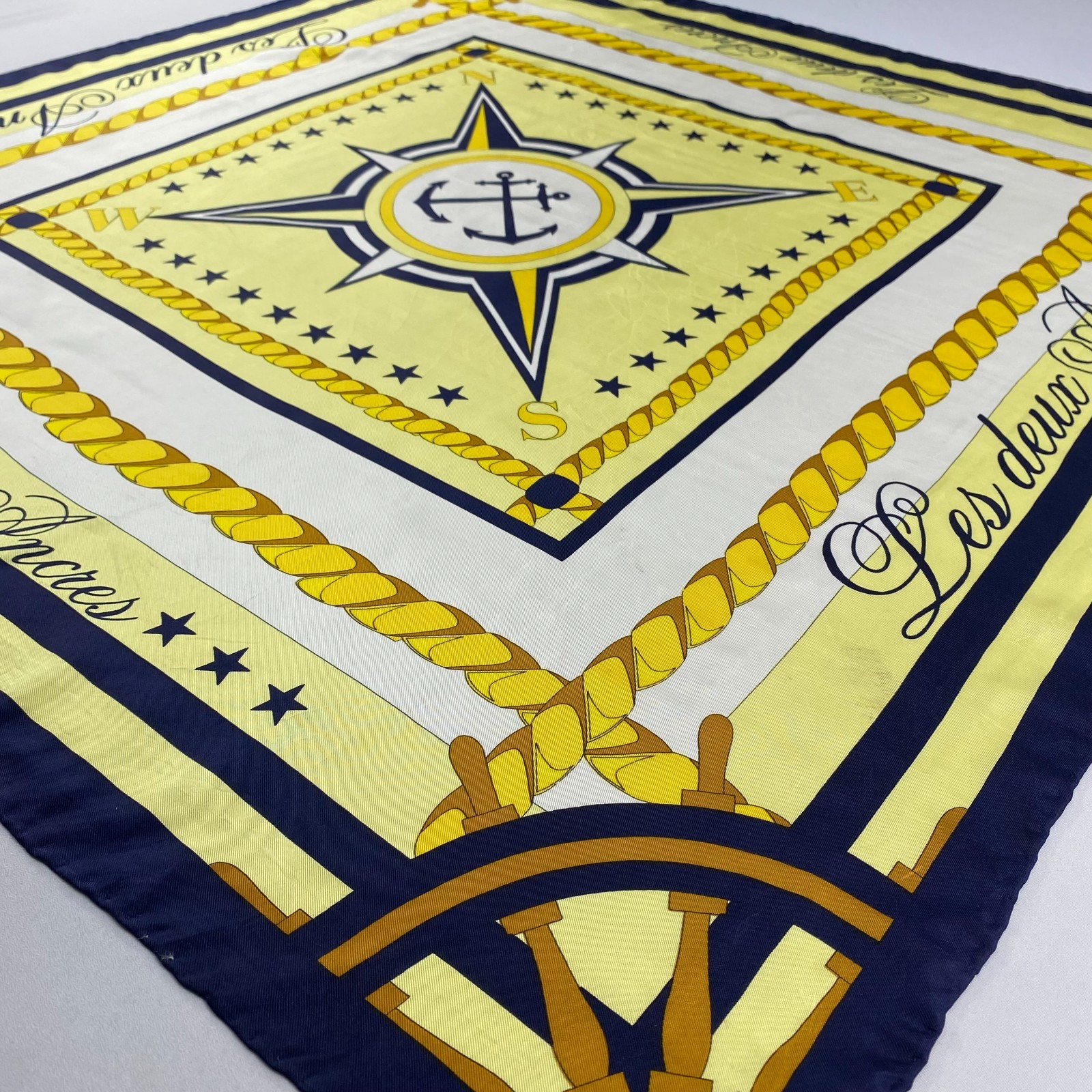 Vintage Les Deux Ancres Nautical Silk Scarf Marine Compass Anchor Navy Yellow