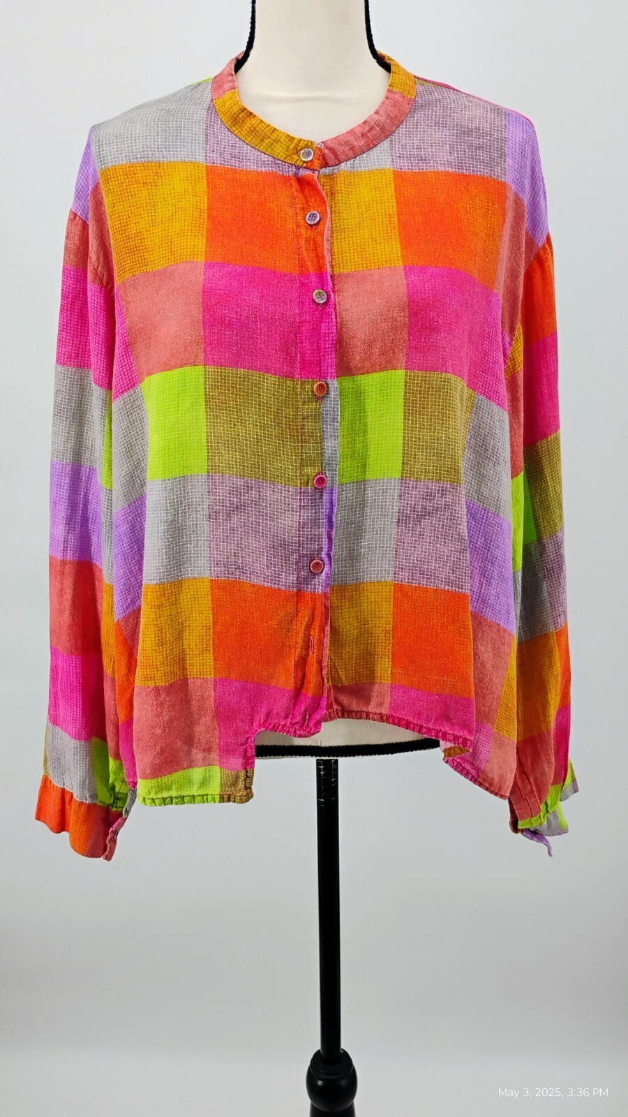 Buykud Irregular Plaid 100% Ramie Button Blouse Shirt Colorful Long Sleeve XL