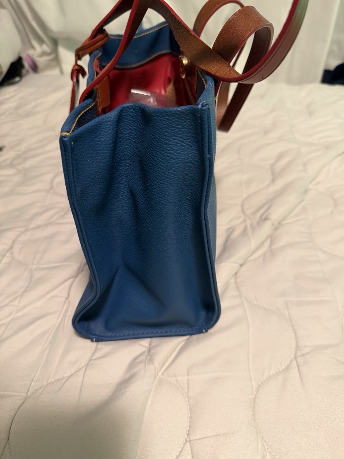 Dooney & Bourke Medium Blue Tote, Brown Double Handles, Zip, Charm, Red Lining