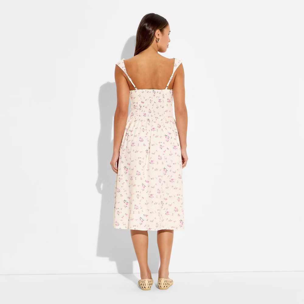 Women Button-Front Lace Midi Dress – Wild Fable Off-White Floral M