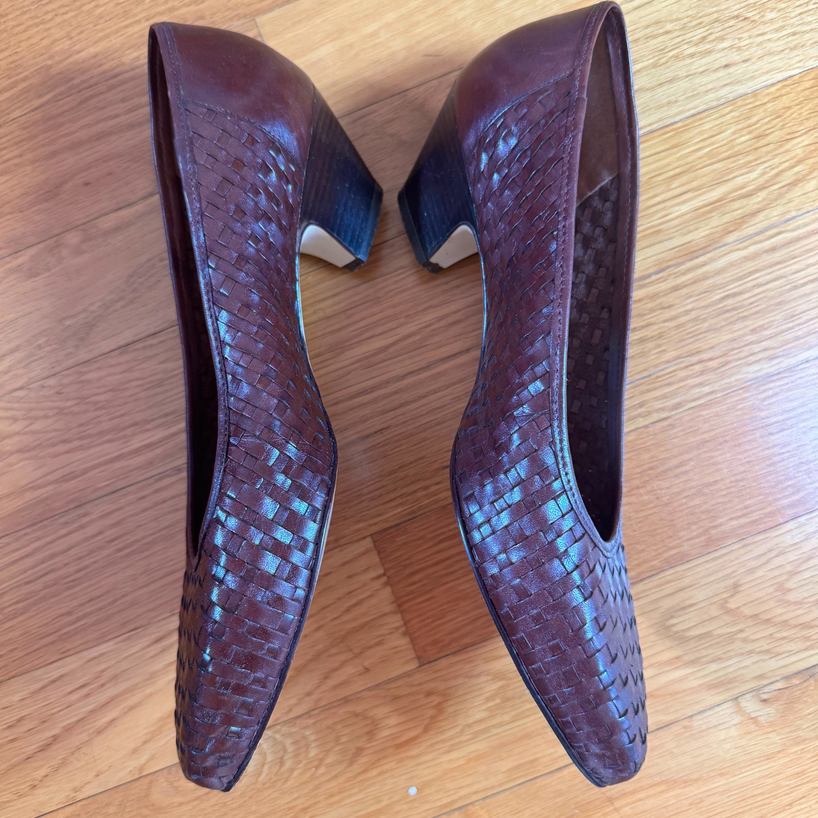 Vintage Leather Craft Leah Brown Woven Leather Pumps Heels Size 9 Made In Brazil