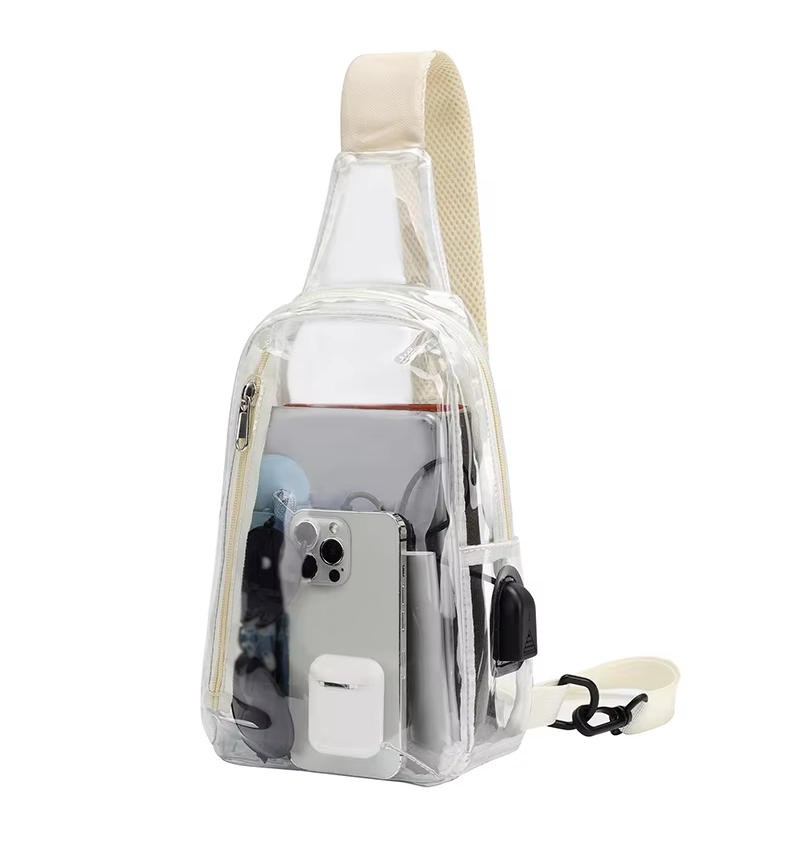 Clear USB Tote Bag PVC Zipper Stadium Approved Shoulder Handbag Purse Chest