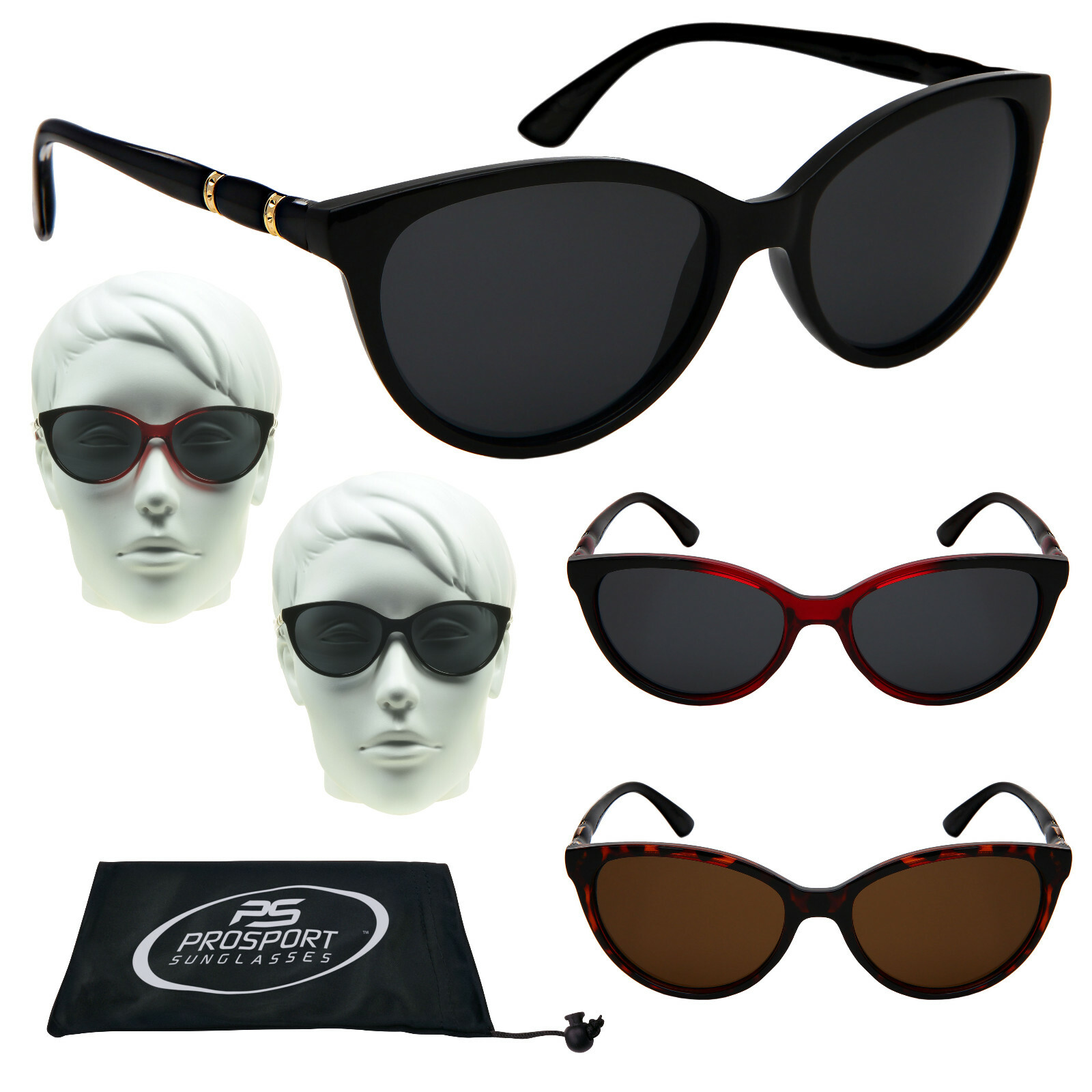 Womens Polarized Sunglass CatEye Anti Glare Plastic Black Tortoise Red Frames