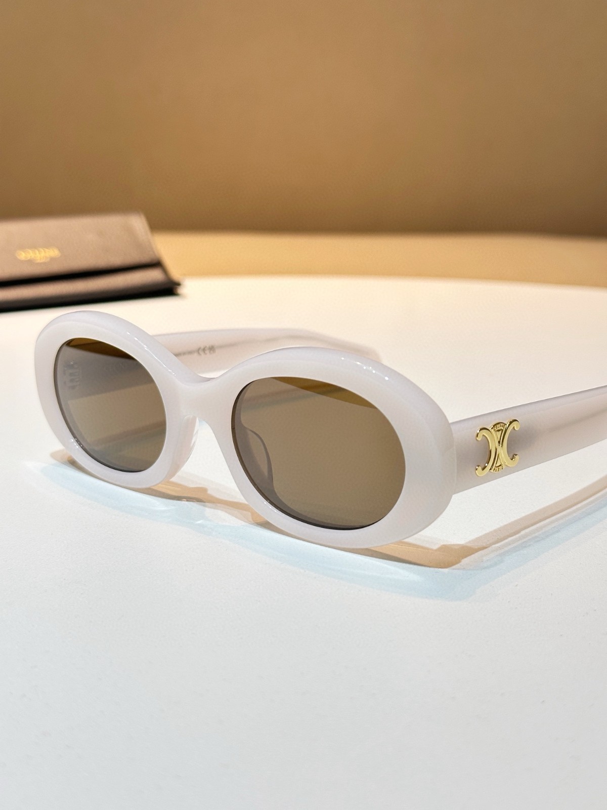 Celine Triomphe Oval Sunglasses Off-White Acetate Gold Logo Designer Chic