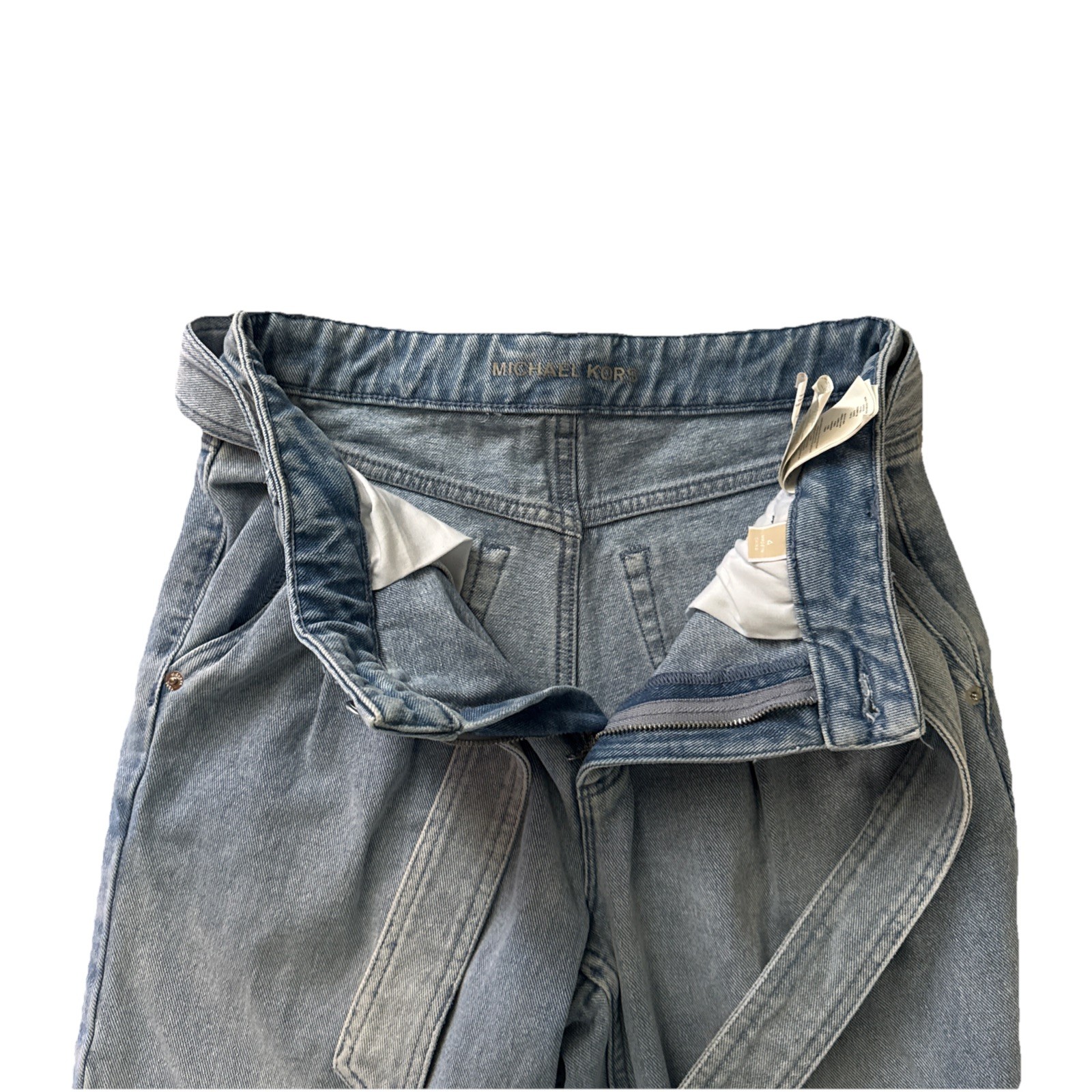 Michael Kors Pleated Belted Denim Pants Vintage Lt Blue Wash High Rise Tapered 4